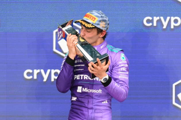 MIAMI GARDENS, FL - MAY 03: Mercedes-AMG PETRONAS driver Kimi Antonelli of Italy kisses the trophy as he celebrates winning the Formula 1 Crypto.com Miami Grand Prix on May 3, 2026, at Miami International Autodrome in Miami Gardens, FL. (Photo by Doug Murray Icon Sportswire) AUTO: MAY 03 F1 Miami Grand Prix EDITORIAL USE ONLY Icon796260503040