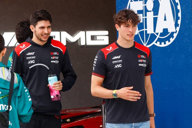 MIAMI GARDENS, FL - MAY 03: Oliver Bearman of Great Britain and driver of the (87) TGR Haas F1 Team race car and Esteban Ocon of France and driver of the (31) TGR Haas F1 Team race car are seen at the Players Parade prior to the the Formula 1 Crypto.com Miami Grand Prix on May 3, 2026, at Miami International Autodrome in Miami Gardens, FL.(Photo by Chris Arjoon Icon Sportswire) AUTO: MAY 03 F1 Miami Grand Prix EDITORIAL USE ONLY Icon2605030010051