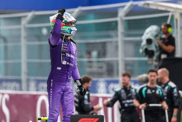MIAMI GARDENS, FL - MAY 03: Kimi Antonelli (12) of Italy and Mercedes-AMG PETRONAS Formula One Team holds a fist in the air after winning the Formula 1 Crypto.com Grand Prix on May 3, 2026, at Miami International Autodrome in Miami Gardens, Florida. (Photo by David Buono Icon Sportswire) AUTO: MAY 03 F1 Miami Grand Prix EDITORIAL USE ONLY Icon2605030211