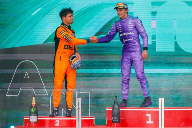 MIAMI GARDENS, FL - MAY 03: Kimi Antonelli of Italy and driver of the (12) Mercedes-AMG PETRONAS Formula One Team race car celebrates with Lando Norris of Great Britain and the driver of the (1) McLaren Mastercard F1 Team race car after the Formula 1 Crypto.com Miami Grand Prix on May 3, 2026, at Miami International Autodrome in Miami Gardens, FL.(Photo by Chris Arjoon Icon Sportswire) AUTO: MAY 03 F1 Miami Grand Prix EDITORIAL USE ONLY Icon2605030010007