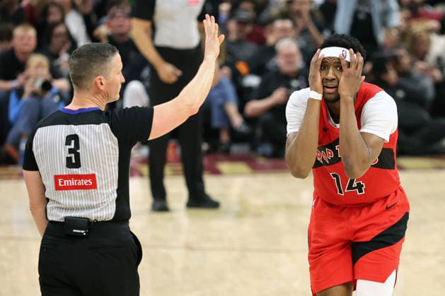 Toronto Raptors Ja Kobe Walter (14) reacts after a foul call in the third quarter against the Cleveland Cavaliers in Cleveland, Ohio Sunday May 3, 2026.  CLE20260503110 AARONxJOSEFCZYK