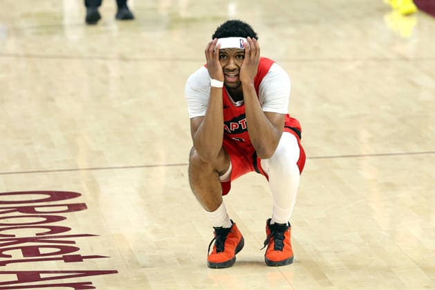 Toronto Raptors Ja Kobe Walter (14) reacts after a foul call in the third quarter against the Cleveland Cavaliers in Cleveland, Ohio Sunday May 3, 2026.  CLE20260503111 AARONxJOSEFCZYK
