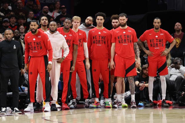 The Toronto Raptors bench looks on during the fourth quarter against the Cleveland Cavaliers in Cleveland, Ohio Sunday May 3, 2026. The Cavaliers defeated the Raptors 114-102 to advance to play the Detroit Pistons.  CLE20260503115 AARONxJOSEFCZYK