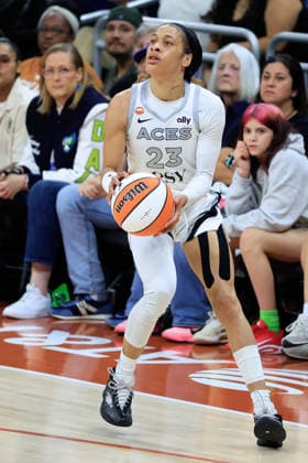 AUSTIN, TX - MAY 03: Las Vegas Aces Chennedy Carter 23 takes a three point shot against the Dallas Wings during the game on May 03, 2026, at the Moody Center in Austin, TX. (Photo by Adam Davis Icon Sportswire) WNBA, Basketball Damen, USA MAY 03 Preseason Las Vegas Aces vs Dallas Wings EDITORIAL USE ONLY Icon260503598
