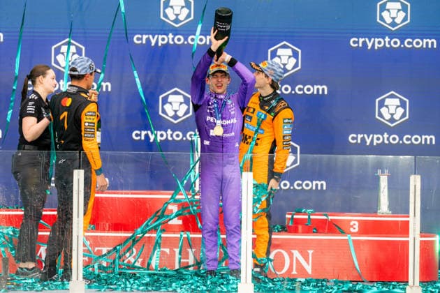 F1 Grand Prix of Miami - Podium Lando Norris of Great Britain and the driver of the (1) McLaren Mastercard F1 Team race car, Kimi Antonelli of Italy and driver of the (12) Mercedes-AMG PETRONAS Formula One Team race car and Oscar Piastri of Australia and driver of the (81) McLaren Mastercard F1 Team race Caron the podium on Sunday during the 2026 Formula 1 Crypto.com Miami Grand Prix at the Miami International Autodrome on May 3, 2026. Photo by Antoine Lapeyre ABACAPRESS.COM Miami United States  Copyright: xLapeyrexAntoine ABACAx