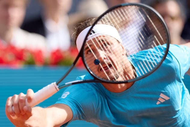 (260504) -- MADRID, May 4, 2026 -- Alexander Zverev hits a return during the men s singles final between Jannick Sinner of Italy and Alexander Zverev of Germany at the 2026 Madrid Open tennis tournament in Madrid, Spain, May 3, 2026. ) (SP)SPAIN-MADRID-TENNIS-MADRID OPEN-MEN S SINGLES-FINAL MengxDingbo 