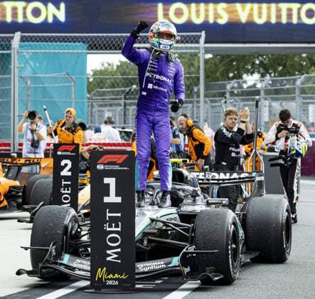 May 3, 2026: Formula 1 Crypto.com Miami Grand Prix winner Kimi Antonelli celebrates after pulling his car into the winner s post-race position after the race at the Miami International Autodrome on Sunday, May 3, 2026, in Miami Gardens, Fla. - ZUMAm67_ 20260503_zaf_m67_005 Copyright: xMatiasxJ.xOcnerx - ZUMA0855 20260503_zaf_m67_005 Copyright: xIMAGO MatiasxJ.xOcnerx
