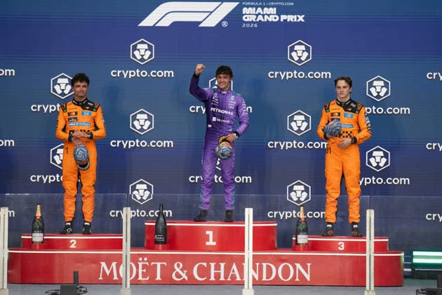 03 05 2026, xrarjax, Motorsport FIA Formula 1, Grand Prix of Miami 2026 v l Andrea Kimi Antonelli Mercedes AMG Petronas starting number 12 Cheering, joy about the victory on the podium Award ceremony with Lando Norris McLaren starting number 01 Oscar Piastri McLaren starting number 81 FIA REGULATIONS PROHIBIT ANY USE OF PHOTOGRAPHS as IMAGE SEQUENCES and or QUASI VIDEO Miami