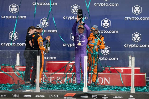 03 05 2026, xrarjax, Motorsport FIA Formula 1, Grand Prix of Miami 2026 v l Andrea Kimi Antonelli Mercedes AMG Petronas starting number 12 Cheering, joy about the victory on the podium Award ceremony with Lando Norris McLaren starting number 01 Oscar Piastri McLaren starting number 81 FIA REGULATIONS PROHIBIT ANY USE OF PHOTOGRAPHS as IMAGE SEQUENCES and or QUASI VIDEO Miami