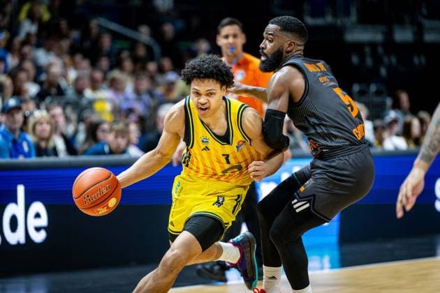 Basketball Berlin 03 05 2026 Season 2025 2026 EasyCredit BBL 1 Bundesliga Men, Men Alba Berlin NINERS Chemnitz Jack Kayil Alba Berlin, No 07 Corey Davis Chemnitz, No 05