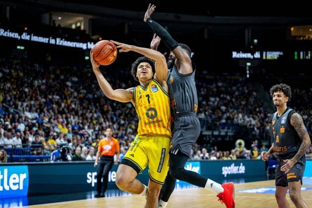 Basketball Berlin 03 05 2026 Season 2025 2026 EasyCredit BBL 1 Bundesliga Men, Men Alba Berlin NINERS Chemnitz Jack Kayil Alba Berlin, No 07 Corey Davis Chemnitz, No 05