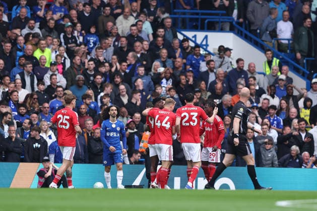 4th May 2026; Stamford Bridge, Chelsea, London, England: Premier League Football, Chelsea versus Nottingham Forest; Taiwo Awoniyi of Nottingham Forest celebrates his goal in the 2nd minute for 0-1 KatiexChan