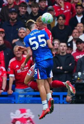 Jesse Derry of Chelsea collides with Zach Abbott of Nottingham Forest Chelsea v Nottingham Forest, Premier League, Football, Stamford Bridge, London , UK - 04 May 2026London Stamford Bridge United Kingdom EDITORIAL USE ONLY No use with unauthorised audio, video, data, fixture lists, club league logos or live services. Online in-match use limited to 120 images, no video emulation. No use in betting, games or single club league player publications. Copyright: xJavierxGarcia Shutterstockx 16854610aj