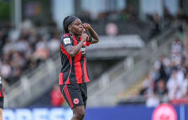 GER, Frankfurt, Eintracht Frankfurt vs FC Nürnberg, Google Pixel Bundesliga, Football, DFB, Season 2025 2026, Stadion am Brentanobad, 24 Matchday in picture Nicole Anyomi Eintracht Frankfurt Women 19 scores the 1 0, Goal, Cheers and joy, Emotions DFB DFL REGULATIONS PROHIBIT ANY USE OF PHOTOGRAPHS AS IMAGE SEQUENCES AND OR QUASI VIDEO, 04 05 2026 Copyright: HMBxMedia HendrikxHamelau