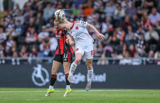 GER, Frankfurt, Eintracht Frankfurt vs FC Nürnberg, Google Pixel Bundesliga, Football, DFB, Season 2025 2026, Stadion am Brentanobad, 24 Matchday in the picture from l Nina Lührsen Eintracht Frankfurt Women 11 , Franziska Mai 1 FC Nürnberg Women 18 m Header Duel DFB DFL REGULATIONS PROHIBIT ANY USE OF PHOTOGRAPHS AS IMAGE SEQUENCES AND OR QUASI VIDEO, 04 05 2026 Copyright: HMBxMedia HendrikxHamelau