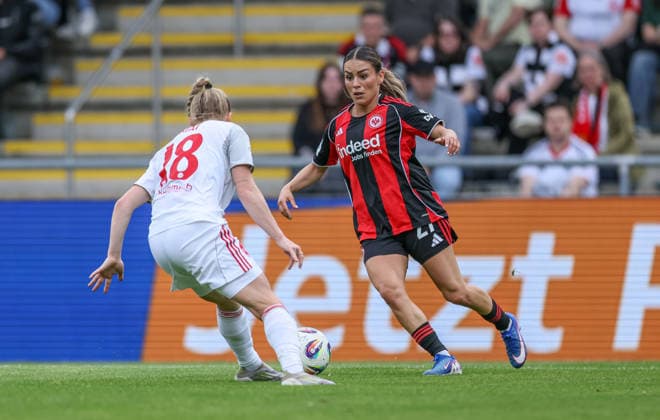 GER, Frankfurt, Eintracht Frankfurt vs FC Nuremberg, Google Pixel Bundesliga, Football, DFB, Season 2025 2026, Stadion am Brentanobad, 24 Matchday in picture v l Franziska Mai 1 FC Nuremberg Women 18 , Ereleta Memeti Eintracht Frankfurt Women 27 DFB DFL REGULATIONS PROHIBIT ANY USE OF PHOTOGRAPHS AS IMAGE SEQUENCES AND OR QUASI VIDEO, 04 05 2026 Copyright: HMBxMedia HendrikxHamelau