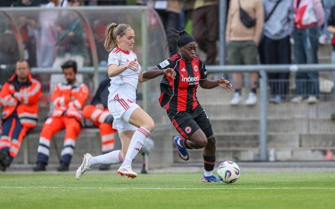 GER, Frankfurt, Eintracht Frankfurt vs FC Nuremberg, Google Pixel Bundesliga, Football, DFB, Season 2025 2026, Stadion am Brentanobad, 24 Matchday in picture f l Beatrix Fördös 1 FC Nuremberg Women 27 , Nicole Anyomi Eintracht Frankfurt Women 19 DFB DFL REGULATIONS PROHIBIT ANY USE OF PHOTOGRAPHS AS IMAGE SEQUENCES AND OR QUASI VIDEO, 04 05 2026 Copyright: HMBxMedia HendrikxHamelau