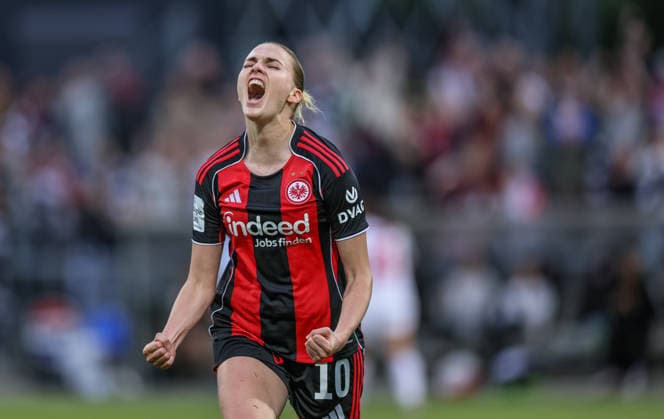 GER, Frankfurt, Eintracht Frankfurt vs FC Nürnberg, Google Pixel Bundesliga, Fussball, DFB, Spielzeit 2025 2026, Stadion am Brentanobad, 24. Spieltag im Bild: Laura Freigang (Eintracht Frankfurt Frauen 10), 3:1, Tor, Jubel und Freude, Emotionen DFB DFL REGULATIONS PROHIBIT ANY USE OF PHOTOGRAPHS AS IMAGE SEQUENCES AND OR QUASI-VIDEO, 04.05.2026 *** GER, Frankfurt, Eintracht Frankfurt vs FC Nürnberg, Google Pixel Bundesliga, Football, DFB, Season 2025 2026, Stadion am Brentanobad, 24 Matchday in picture Laura Freigang Eintracht Frankfurt Women 10 , 3 1, Goal, Cheering and joy, Emotions DFB DFL REGULATIONS PROHIBIT ANY USE OF PHOTOGRAPHS AS IMAGE SEQUENCES AND OR QUASI VIDEO, 04 05 2026 Copyright: HMBxMedia HendrikxHamelau