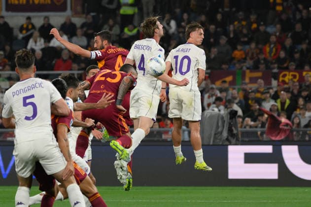 Romaâ??s Gianluca Mancini goal 1-0 during the Italian Football Championship League A Enilive 2025 2026 match between AS Roma vs ACF Fiorentina at the Olimpic Stadium in Rome on 05 May 2026.  Copyright: xFabrizioxCorradetti IPAxSportx xipa-agency.netx xx IPA_74438273 IPA_Agency_IPA74438273