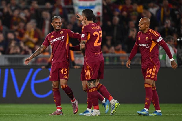 Wesley of A.S. Roma celebrates after scoring the goal of 2-0 during the 35th day of the Serie A Championship between A.S. Roma and A.C.F. Fiorentina at the Olympic Stadium on May 4, 2026 in Rome, Italy.  Copyright: xDomenicoxCippitelli IPAxSportx xipa-agency.netx xx IPA_74438364 IPA_Agency_IPA74438364