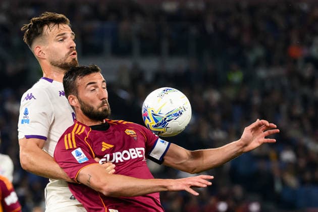 Marin Pongracic of ACF Fiorentina and Bryan Cristante of AS Roma compete for the ball during the Serie A 2025 2026 football match between AS Roma and ACF Fiorentina at Stadio Olimpico in Rome (Italy), May 4, 2026. AndreaxStaccioli