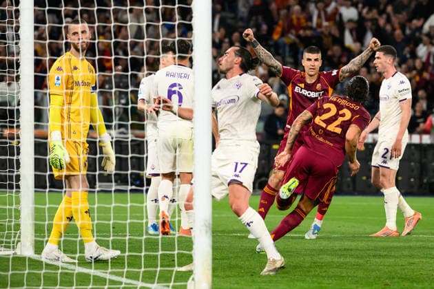 Mario Hermoso of AS Roma celebrates after scoring the goal of 3-0 during the Serie A 2025 2026 football match between AS Roma and ACF Fiorentina at Stadio Olimpico in Rome (Italy), May 4, 2026. AndreaxStaccioli