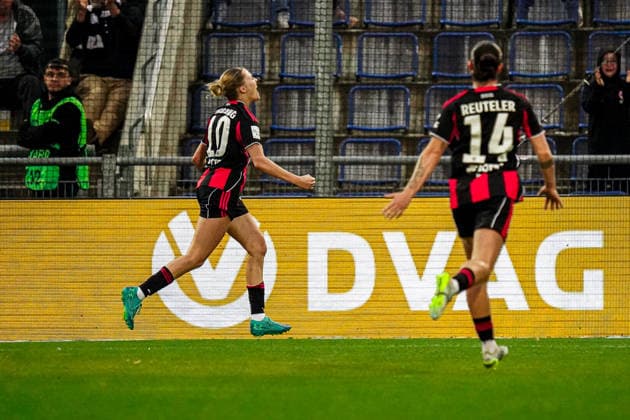 Germany Soccer Google Pixel Women Bundesliga 2025 2026 , 24 Matchday Eintracht Frankfurt Women vs 1 FC Nuremberg Women Stadion Am Brentanobad Frankfurt Laura Freigang Eintracht Frankfurt Women, 10 Goal celebration, cheering, goal, emotions, facial expressions, gestures, gesture Copyright: xBennetxLongx