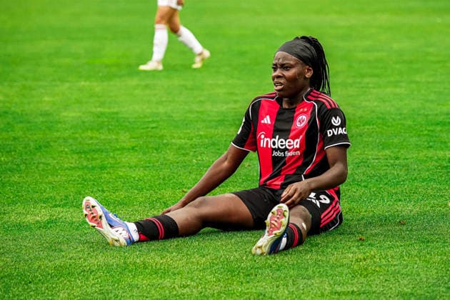 Germany Soccer Google Pixel Women Bundesliga 2025 2026 , 24 Matchday Eintracht Frankfurt Women vs 1 FC Nuremberg Women Stadion Am Brentanobad Frankfurt Nicole Anyomi Eintracht Frankfurt Women, 19 on the ground, facial expressions, gestures, gesture Copyright: xBennetxLongx