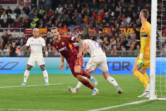 4th May 2026, Stadio Olimpico, Rome, Italy; Serie A Football; Roma versus Fiorentina; Mario Hermoso of AS Roma scores the goal for 3-0 in the 34th minute AllShotLive