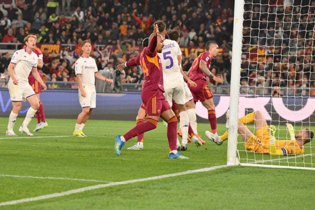 4th May 2026, Stadio Olimpico, Rome, Italy; Serie A Football; Roma versus Fiorentina; Gianluca Mancini of AS Roma scores the goal for 1-0 in the 13th minute AllShotLive