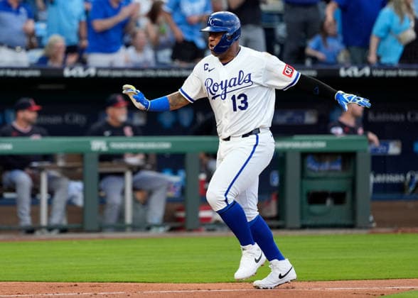 May 04, 2026: Kansas City Royals catcher Salvador Perez (13) imitates a bird as he runs home to score in the 4th inning against the Guardians at Kauffman Stadium Kansas City, Missouri. CSM. MLB, Baseball Herren, USA 2026; Guardians Vs Royals March 30th  - ZUMAc04_ 20260504_zma_c04_014 Copyright: xJonxRobichaudx