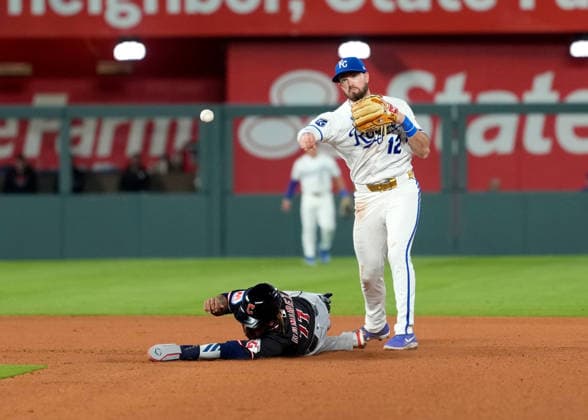 MLB, Baseball Herren, USA 2026; Guardians Vs Royals March 30th May 04, 2026: Kansas City Royals left fielder Nick Loftin (12) turns a double play over Cleveland Guardians third baseman Jose Ramirez (11) in the 9th at Kauffman Stadium Kansas City, Missouri. Jon Robichaud CSM. (Credit Image: Â Jon Robichaud Cal Media) Kansas City Missouri United States EDITORIAL USE ONLY Copyright: xx ZUMA-20260504_zma_c04_010.jpg JonxRobichaudx csmphotothree489537