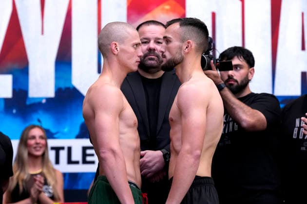 BOXING TSZYU DIAZ WEIGH IN, A supplied image of Australian boxer Nikita Tszyu (left) and US boxer Oscar Diaz facing off following the official weigh-in ahead of their WBO International Super Welterweight Title bout, Newcastle, Tuesday, May 5, 2026. ( NO ARCHIVING, EDITORIAL USE ONLY NEWCASTLE NEW SOUTH WALES AUSTRALIA  Copyright: xMichaelxGortonx 20260505112381161618
