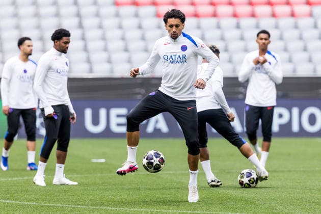 MUNICH, GERMANY - MAY 5: Marquinhos (FC Paris Saint-Germain, 5) controls the ball during training of Paris Saint-Germain before the match between FC Bayern Muenchen vs Paris Saint-Germain at Allianz Arena on matchday -1 of the UEFA Champions League Semi Final on May 5, 2026 in Munich, Germany. Bavaria Germany Copyright: xSteffiexWunderlx