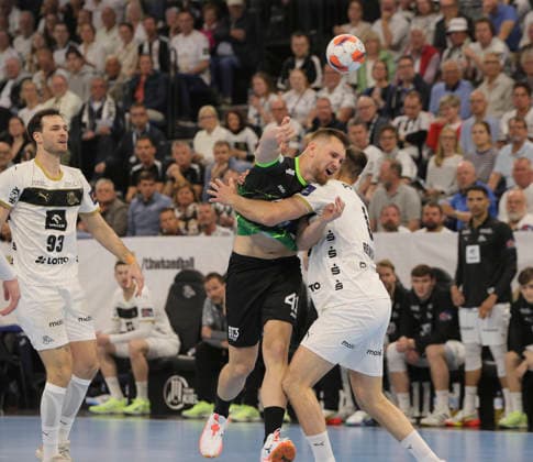 photo Goal throw from Tin LUCIN Nasice against Harald Reinkind Kiel Handball Men on Tue 05 05 2026 Mens EHF European League , THW Kiel RK Nexe Nasice