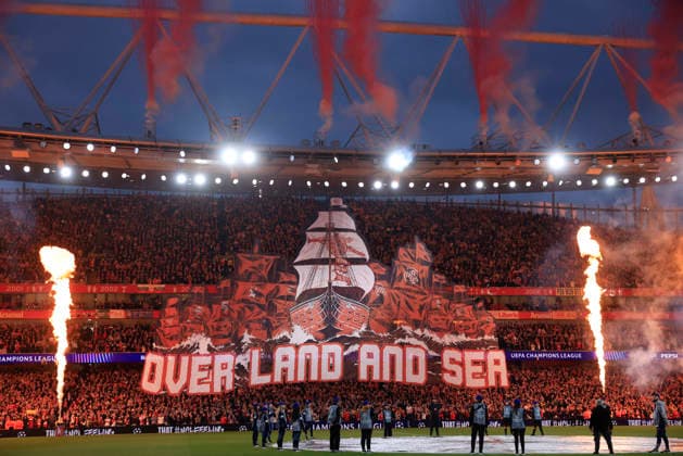Arsenal FC v Atletico de Madrid - UEFA Champions League 2025 26 Semi Final Second Leg Over land and Sea banner at the emirates before the UEFA Champions League 2025 26 Semi Final Second Leg match between Arsenal FC and Atletico de Madrid at Arsenal Stadium on May 5, 2026 in London, England. WARNING! This Photograph May Only Be Used For Newspaper And Or Magazine Editorial Purposes. May Not Be Used For Publications Involving 1 player, 1 Club Or 1 Competition Without Written Authorisation From Football DataCo Ltd. For Any Queries, Please Contact Football DataCo Ltd on +44 (0) 207 864 9121 London Arsenal Stadium England United Kingdom Copyright: xAllstarxPicturexLibraryxLtdx