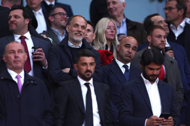 London, England, 5th May 2026. England national team, Nationalteam head coach Thomas Tuchel (C) and Roberto Roberto Martinez during the Arsenal vs Atletico Madrid UEFA Champions League match at the Emirates Stadium, London. Picture credit should read: David Klein Sportimage EDITORIAL USE ONLY. No use with unauthorised audio, video, data, fixture lists, club league logos or live services. Online in-match use limited to 120 images, no video emulation. No use in betting, games or single club league player publications. SPI_035_DK_Arsenal_Athletico_Madrid SPI-4781-0035