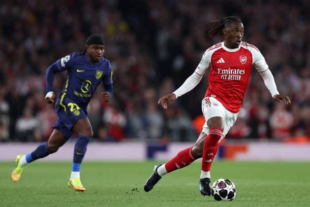 London, England, 5th May 2026. Eberechi Eze of Arsenal with the ball during the Arsenal vs Atletico Madrid UEFA Champions League match at the Emirates Stadium, London. Picture credit should read: David Klein Sportimage EDITORIAL USE ONLY. No use with unauthorised audio, video, data, fixture lists, club league logos or live services. Online in-match use limited to 120 images, no video emulation. No use in betting, games or single club league player publications. SPI_046_DK_Arsenal_Athletico_Madrid SPI-4781-0046