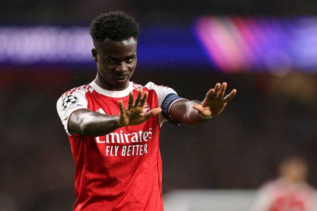London, England, 5th May 2026. Bukayo Saka of Arsenal gestures during the Arsenal vs Atletico Madrid UEFA Champions League match at the Emirates Stadium, London. Picture credit should read: David Klein Sportimage EDITORIAL USE ONLY. No use with unauthorised audio, video, data, fixture lists, club league logos or live services. Online in-match use limited to 120 images, no video emulation. No use in betting, games or single club league player publications. SPI_058_DK_Arsenal_Athletico_Madrid SPI-4781-0058