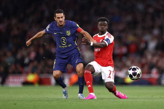 Arsenal gegen Atletico Madrid 05. Mai 2026, London UEFA Champions League Halbfinale Rückspiel Arsenal gegen Atletico Madrid Koke von Atletico Madrid und Bukayo Saka von Arsenal Foto Jacques Feeney Abseits London UK  Copyright: xJacquesxFeeneyx xOffsidexOffside
