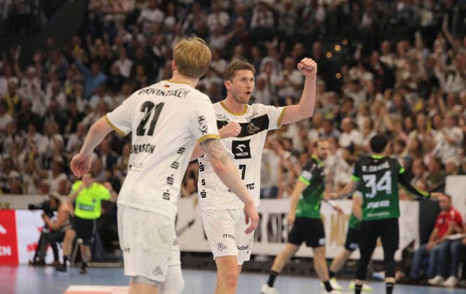 photo Goal celebration at Magnus Landin Kiel and left front Eric Johansson Handball Men on Tue 05 05 2026 Mens EHF European League , THW Kiel RK Nexe Nasice