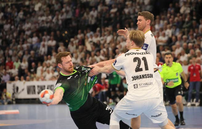 photo Goal throw from Leon VUCKO Nasice against Magnus Landin Kiel and Eric Johansson 21 Handball Men on Tue 05 05 2026 Mens EHF European League , THW Kiel RK Nexe Nasice