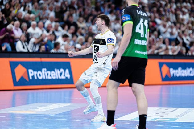 Goal celebration Lukas Zerbe THW Kiel, 24 GER, THW Kiel vs RK Nexe, Handball, EHF European League, quarter-final, second leg, 2025 2026 season, 05 05 2026 GER, THW Kiel vs RK Nexe, Handball, EHF European League, quarter-final, second leg, 2025 2026 season, 05 05 2026 Kiel Copyright: xEibner-Pressefoto MarcelxvonxFehrnx EP_MFN
