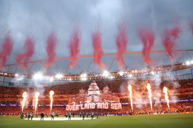A huge Over Land and Sea Tifo at the Arsenal v Atletico Madrid UEFA Champions League semi-final 2nd leg match, at the Emirates Stadium, London, UK on 5th May, 2026.  .