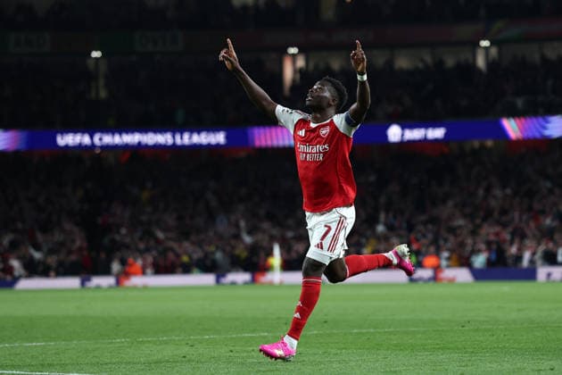 London, England, 5th May 2026. Bukayo Saka of Arsenal celebrates after scoring to make it 1-0 during the Arsenal vs Atletico Madrid UEFA Champions League match at the Emirates Stadium, London. Picture credit should read: David Klein Sportimage EDITORIAL USE ONLY. No use with unauthorised audio, video, data, fixture lists, club league logos or live services. Online in-match use limited to 120 images, no video emulation. No use in betting, games or single club league player publications. SPI_076_DK_Arsenal_Athletico_Madrid SPI-4781-0076