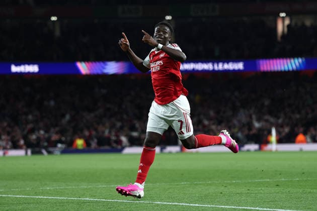 London, England, 5th May 2026. Bukayo Saka of Arsenal celebrates after scoring to make it 1-0 during the Arsenal vs Atletico Madrid UEFA Champions League match at the Emirates Stadium, London. Picture credit should read: David Klein Sportimage EDITORIAL USE ONLY. No use with unauthorised audio, video, data, fixture lists, club league logos or live services. Online in-match use limited to 120 images, no video emulation. No use in betting, games or single club league player publications. SPI_077_DK_Arsenal_Athletico_Madrid SPI-4781-0077