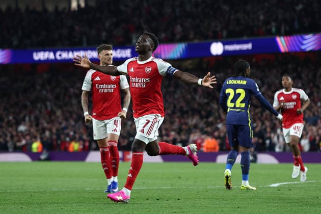 London, England, 5th May 2026. Bukayo Saka of Arsenal celebrates after scoring to make it 1-0 during the Arsenal vs Atletico Madrid UEFA Champions League match at the Emirates Stadium, London. Picture credit should read: David Klein Sportimage EDITORIAL USE ONLY. No use with unauthorised audio, video, data, fixture lists, club league logos or live services. Online in-match use limited to 120 images, no video emulation. No use in betting, games or single club league player publications. SPI_079_DK_Arsenal_Athletico_Madrid SPI-4781-0079
