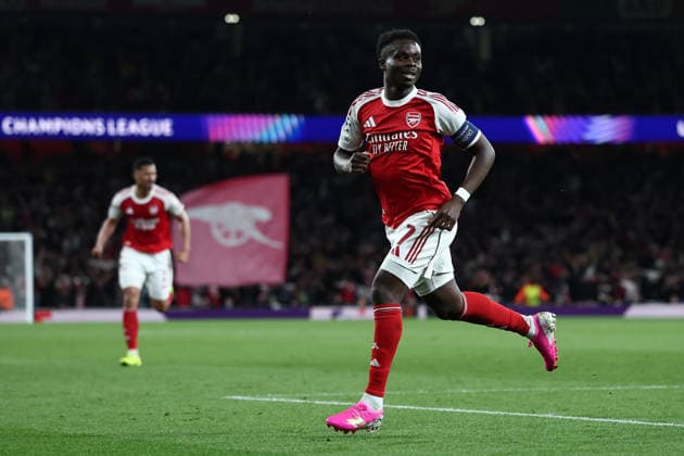 London, England, 5th May 2026. Bukayo Saka of Arsenal celebrates after scoring to make it 1-0 during the Arsenal vs Atletico Madrid UEFA Champions League match at the Emirates Stadium, London. Picture credit should read: David Klein Sportimage EDITORIAL USE ONLY. No use with unauthorised audio, video, data, fixture lists, club league logos or live services. Online in-match use limited to 120 images, no video emulation. No use in betting, games or single club league player publications. SPI_080_DK_Arsenal_Athletico_Madrid SPI-4781-0080