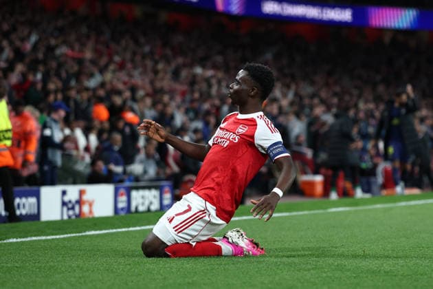 London, England, 5th May 2026. Bukayo Saka of Arsenal celebrates after scoring to make it 1-0 during the Arsenal vs Atletico Madrid UEFA Champions League match at the Emirates Stadium, London. Picture credit should read: David Klein Sportimage EDITORIAL USE ONLY. No use with unauthorised audio, video, data, fixture lists, club league logos or live services. Online in-match use limited to 120 images, no video emulation. No use in betting, games or single club league player publications. SPI_081_DK_Arsenal_Athletico_Madrid SPI-4781-0081