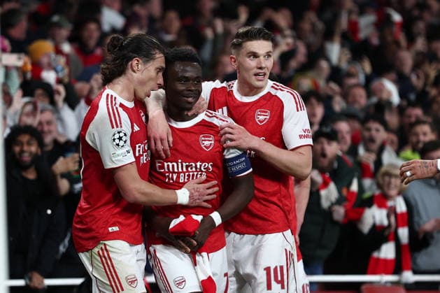 London, England, 5th May 2026. Bukayo Saka (C) of Arsenal celebrates after scoring to make it 1-0 during the Arsenal vs Atletico Madrid UEFA Champions League match at the Emirates Stadium, London. Picture credit should read: David Klein Sportimage EDITORIAL USE ONLY. No use with unauthorised audio, video, data, fixture lists, club league logos or live services. Online in-match use limited to 120 images, no video emulation. No use in betting, games or single club league player publications. SPI_085_DK_Arsenal_Athletico_Madrid SPI-4781-0085